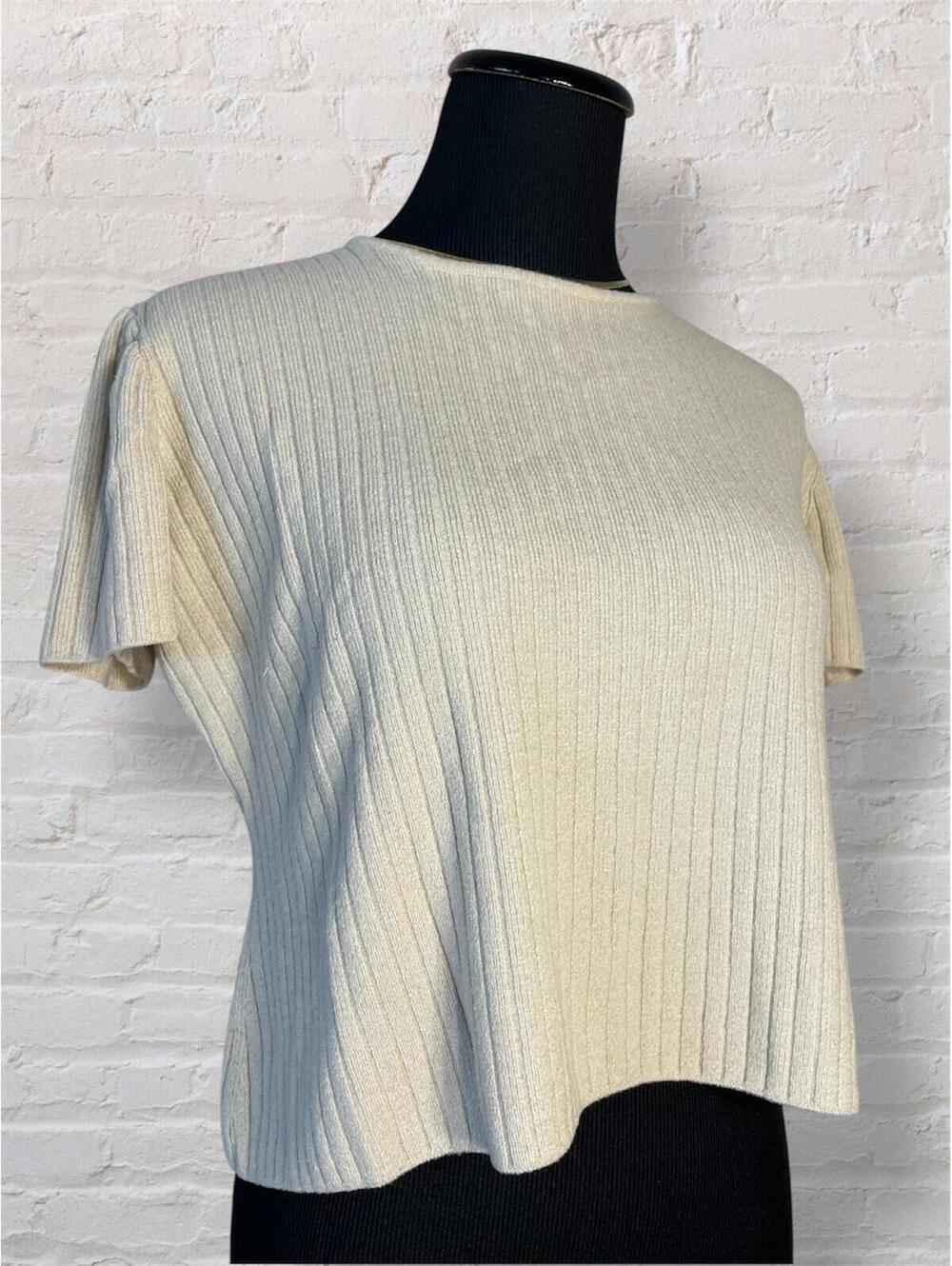St. John Cream Ribbed Short Sleeve Knit Top
